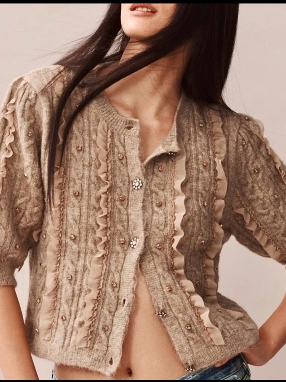 Anthropologie Maeve Embellished Ruffle Cardigan Sweater XXS